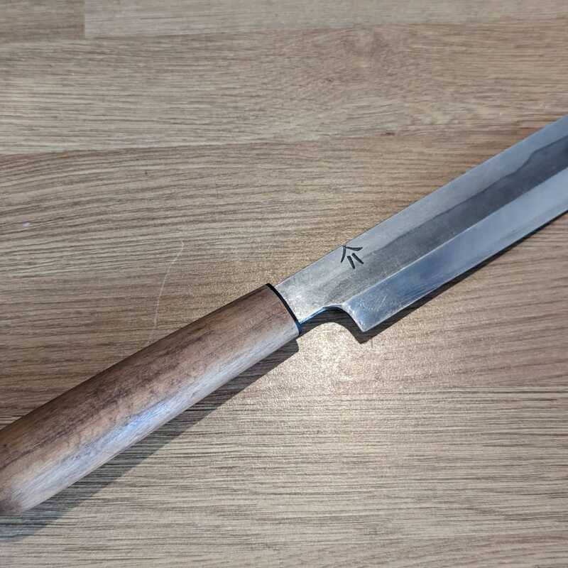 high carbon steel,  small nakiri with single bevel.